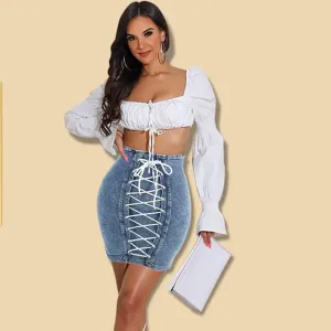 All Laced Up High-Waist Denim Bodycon Skirt