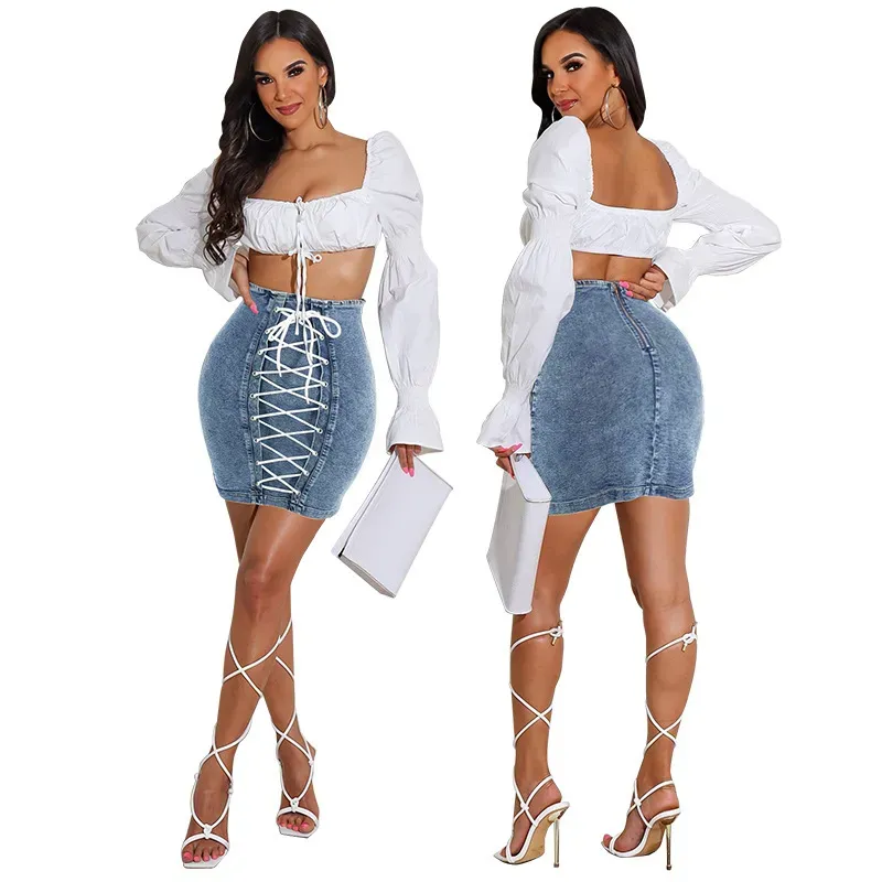 All Laced Up High-Waist Denim Bodycon Skirt
