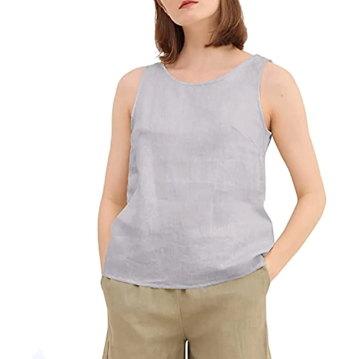Amazhiyu Pure Linen Crewneck Tank Tops