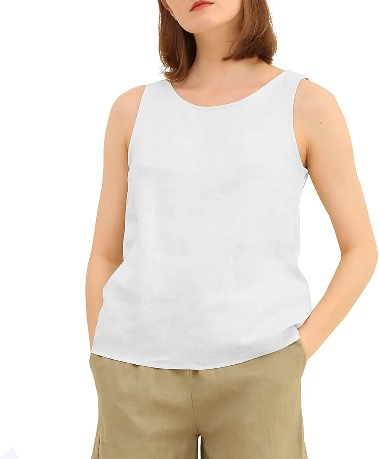 Amazhiyu Pure Linen Crewneck Tank Tops