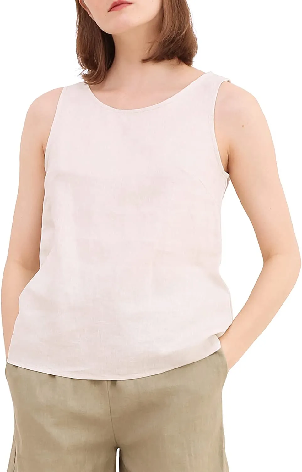 Amazhiyu Pure Linen Crewneck Tank Tops