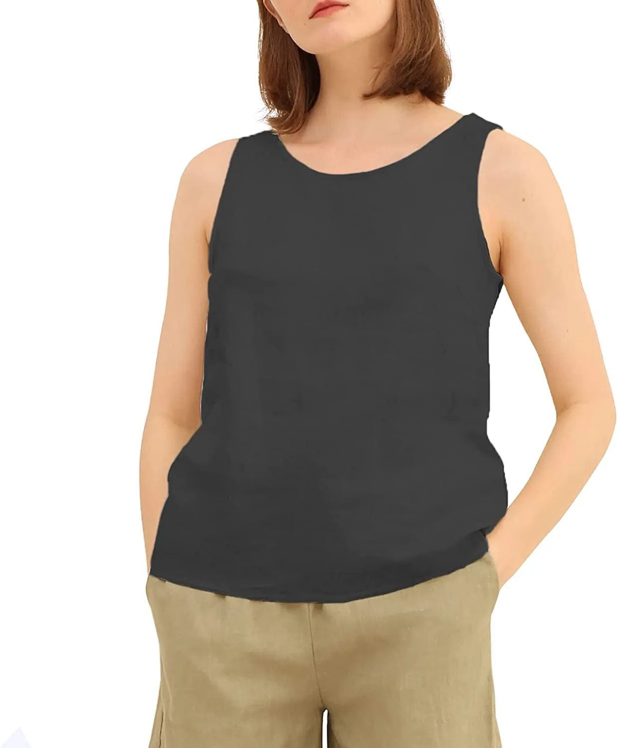 Amazhiyu Pure Linen Crewneck Tank Tops