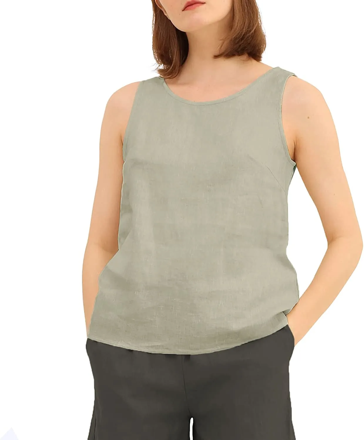 Amazhiyu Pure Linen Crewneck Tank Tops