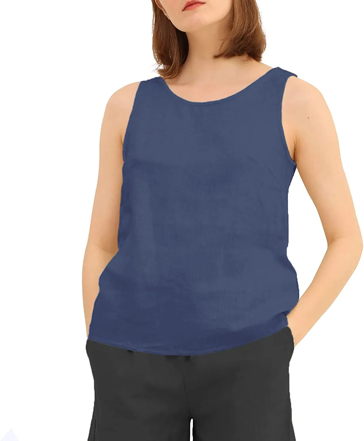 Amazhiyu Pure Linen Crewneck Tank Tops