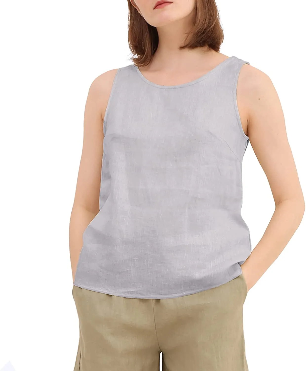 Amazhiyu Pure Linen Crewneck Tank Tops