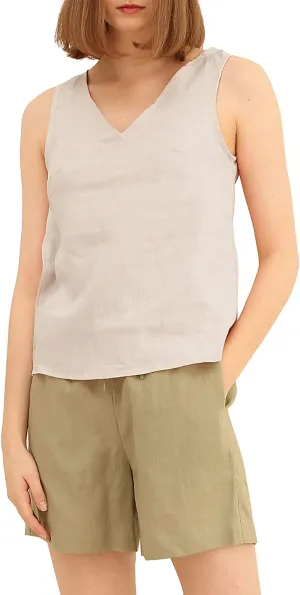 Amazhiyu Pure Linen Sleeveless V Neck Tank Tops