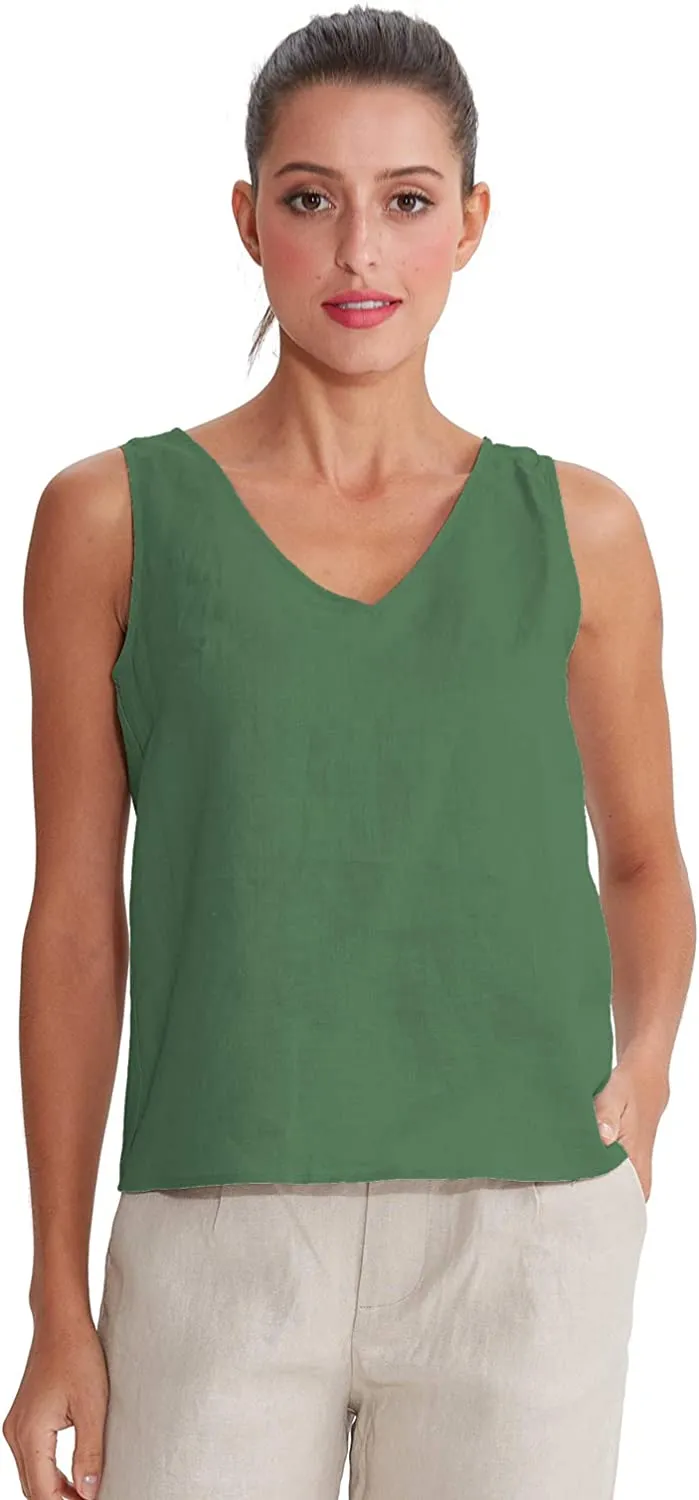 Amazhiyu Pure Linen Sleeveless V Neck Tank Tops