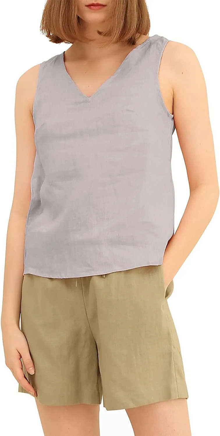 Amazhiyu Pure Linen Sleeveless V Neck Tank Tops