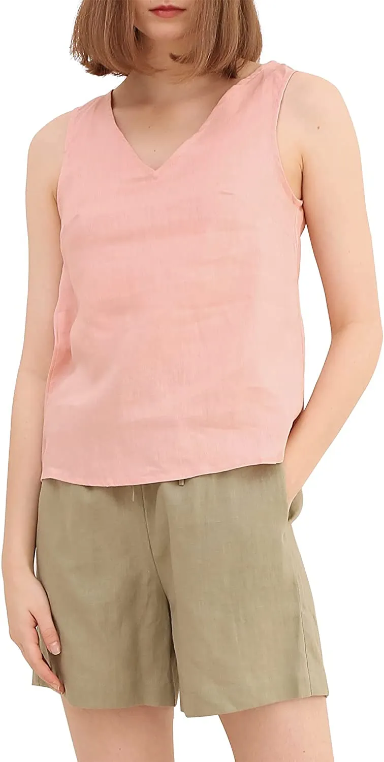 Amazhiyu Pure Linen Sleeveless V Neck Tank Tops