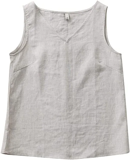 Amazhiyu Pure Linen Sleeveless V Neck Tank Tops