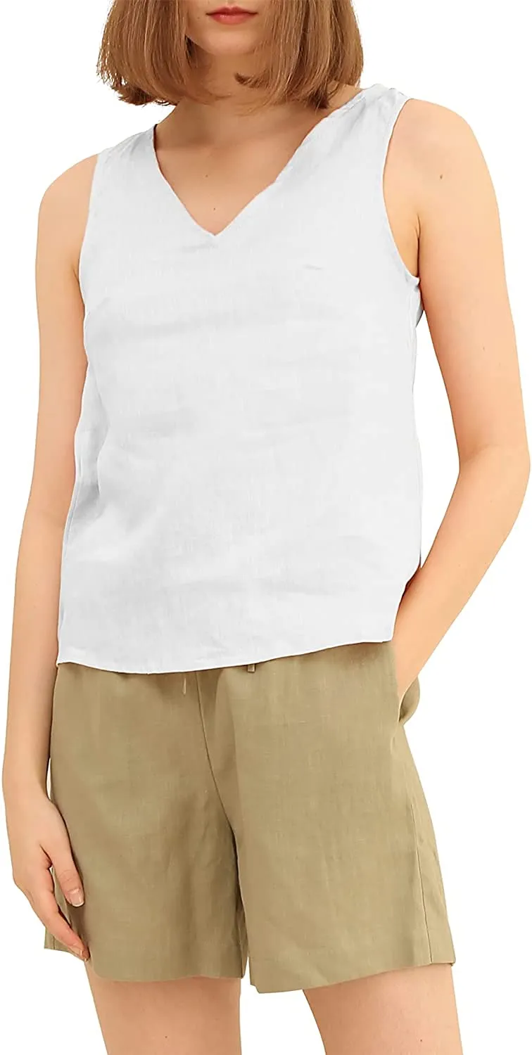 Amazhiyu Pure Linen Sleeveless V Neck Tank Tops