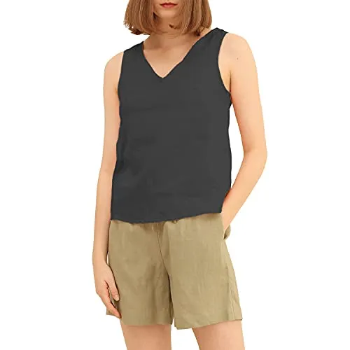 Amazhiyu Pure Linen Sleeveless V Neck Tank Tops