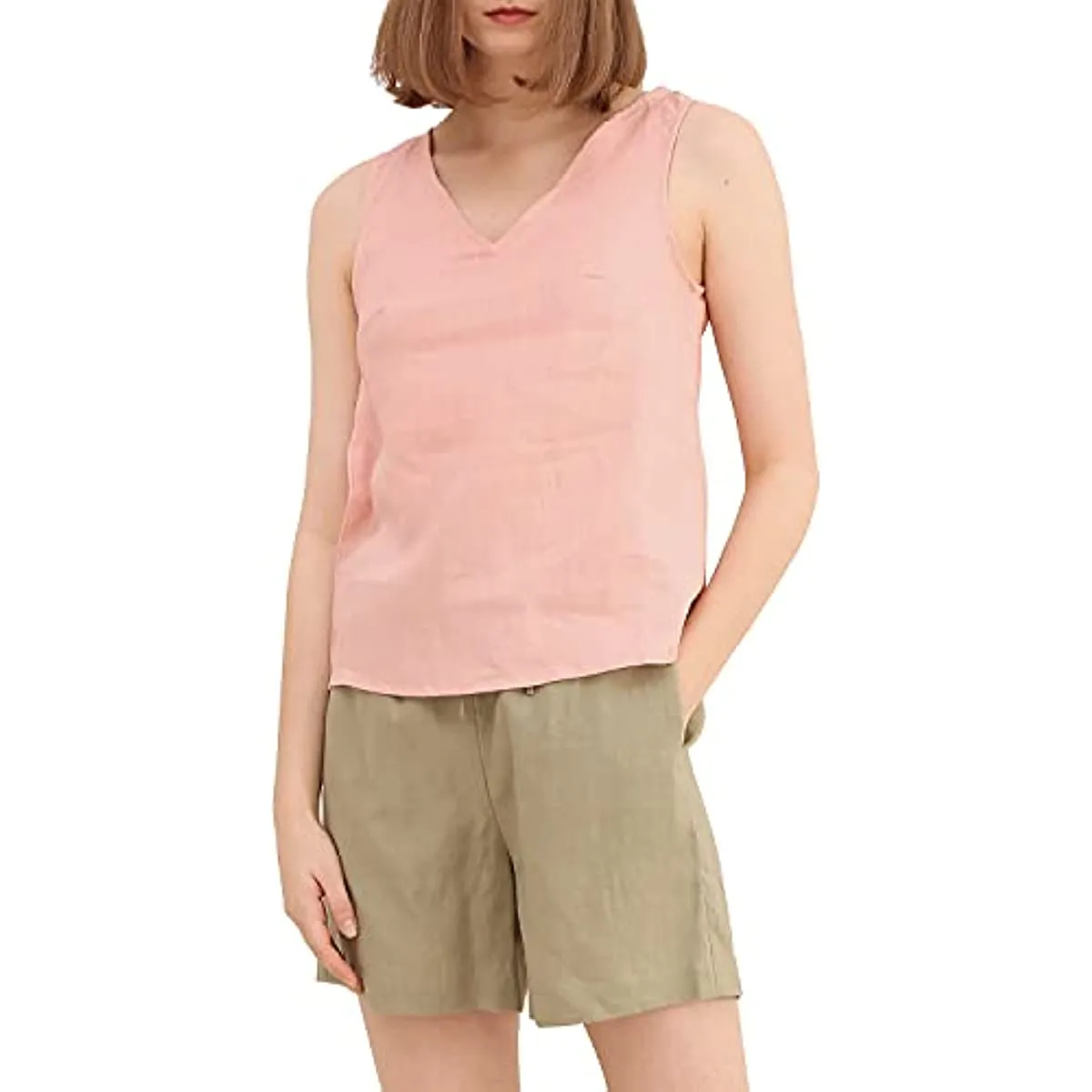 Amazhiyu Pure Linen Sleeveless V Neck Tank Tops