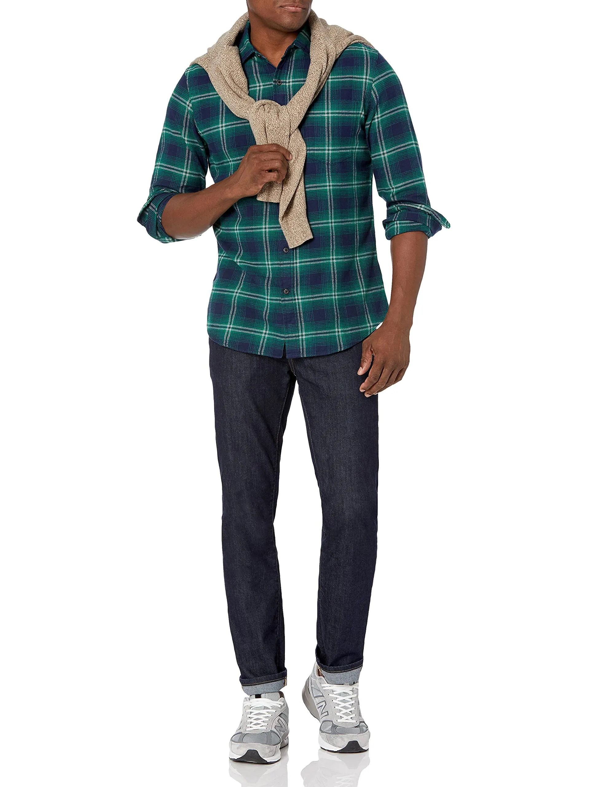 Amazon Essentials Men's Flannel Shirts Long Sleeve, Slim-Fit Button Down Plaid, Green Navy Plaid, XX-Large