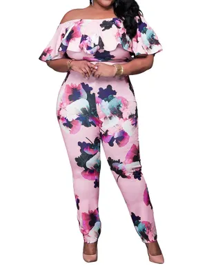 AMZ PLUS Sexy High Waist Plus Size Off Shoulder Floral Romper Jumpsuits for Women