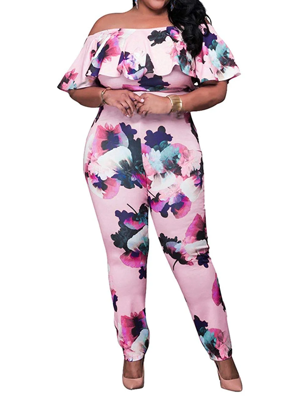 AMZ PLUS Sexy High Waist Plus Size Off Shoulder Floral Romper Jumpsuits for Women
