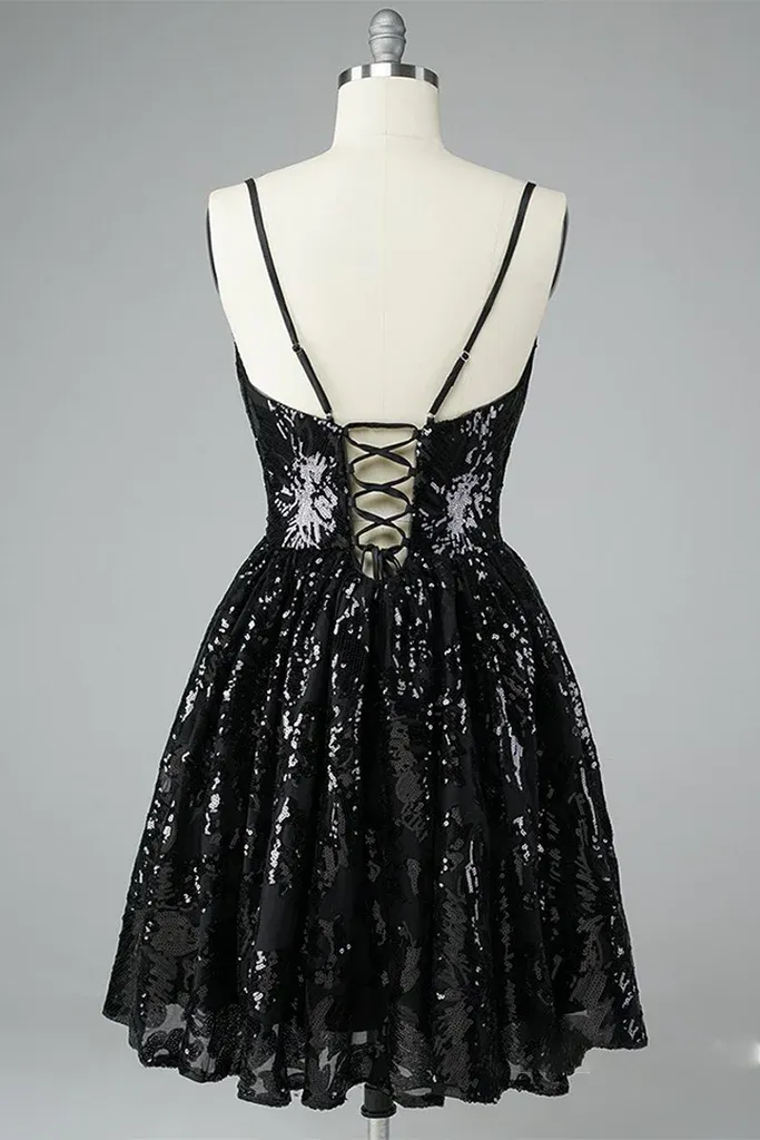 Anneprom A Line Black Lace Ruffles Spaghetti Straps V Neck Short Mini Homecoming Dresses APH0155
