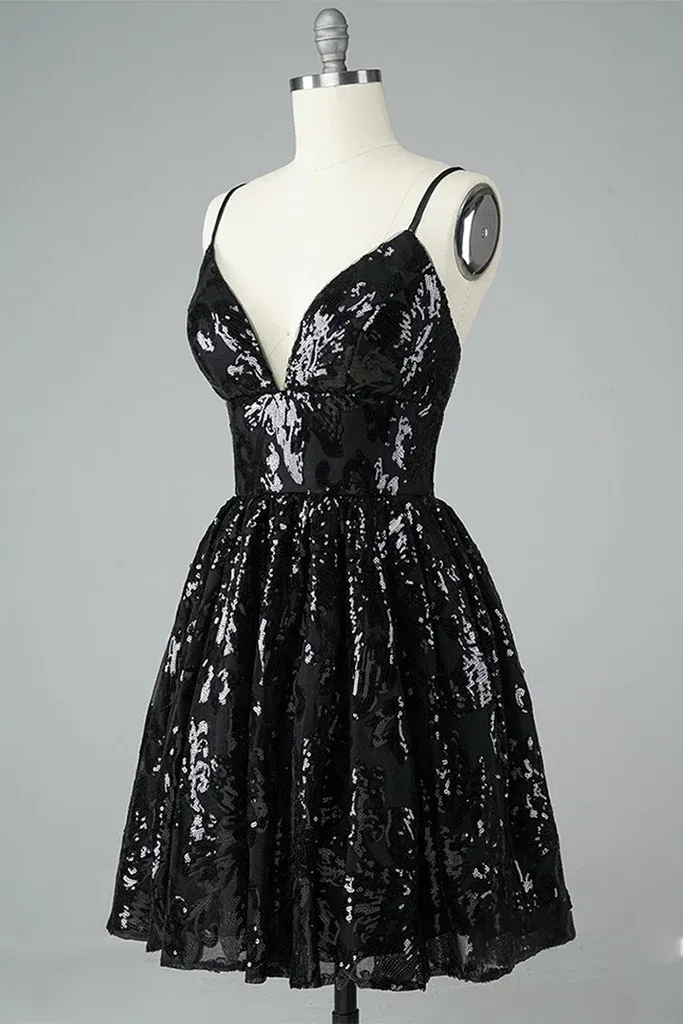 Anneprom A Line Black Lace Ruffles Spaghetti Straps V Neck Short Mini Homecoming Dresses APH0155