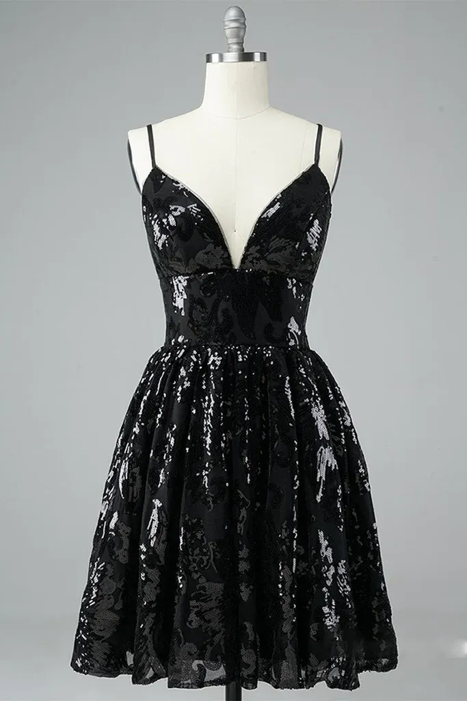 Anneprom A Line Black Lace Ruffles Spaghetti Straps V Neck Short Mini Homecoming Dresses APH0155