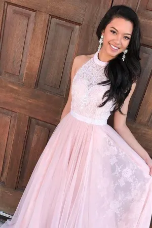 Anneprom A-Line Halter Floor-Length Pink Tulle Prom Dresses With Sash Lace APP0204