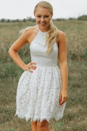 Anneprom A Line Ivory Lace Halter Neckline Backless Short Homecoming Dress APH0167