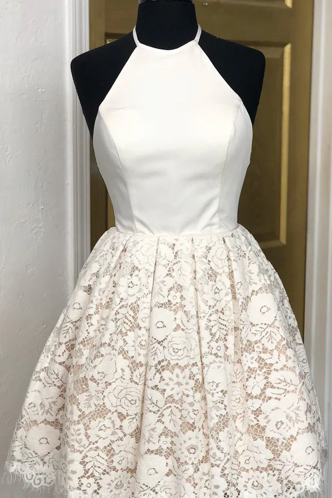Anneprom A Line Ivory Lace Halter Neckline Backless Short Homecoming Dress APH0167