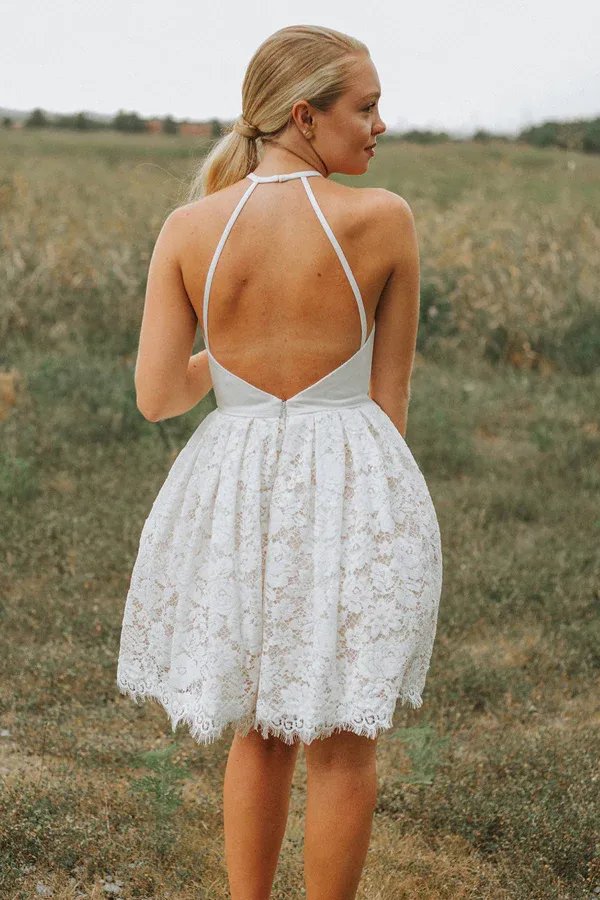 Anneprom A Line Ivory Lace Halter Neckline Backless Short Homecoming Dress APH0167