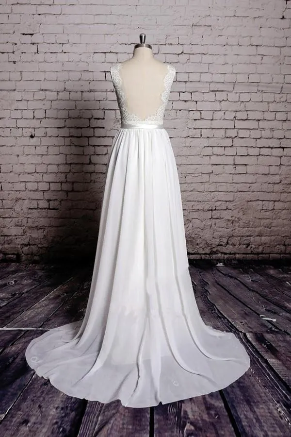 Anneprom A-Line Lace V-Neck Backless Sheath Long Wedding Dress APW0059