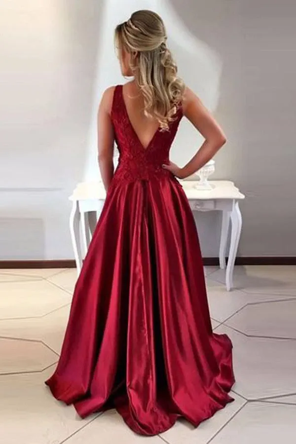 Anneprom A-Line Round Neck V-Back Maroon Satin Prom Dresses With Lace APP0210