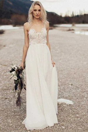 Anneprom A-Line Spaghetti Straps Long Chiffon Wedding Dress With Lace APW0205