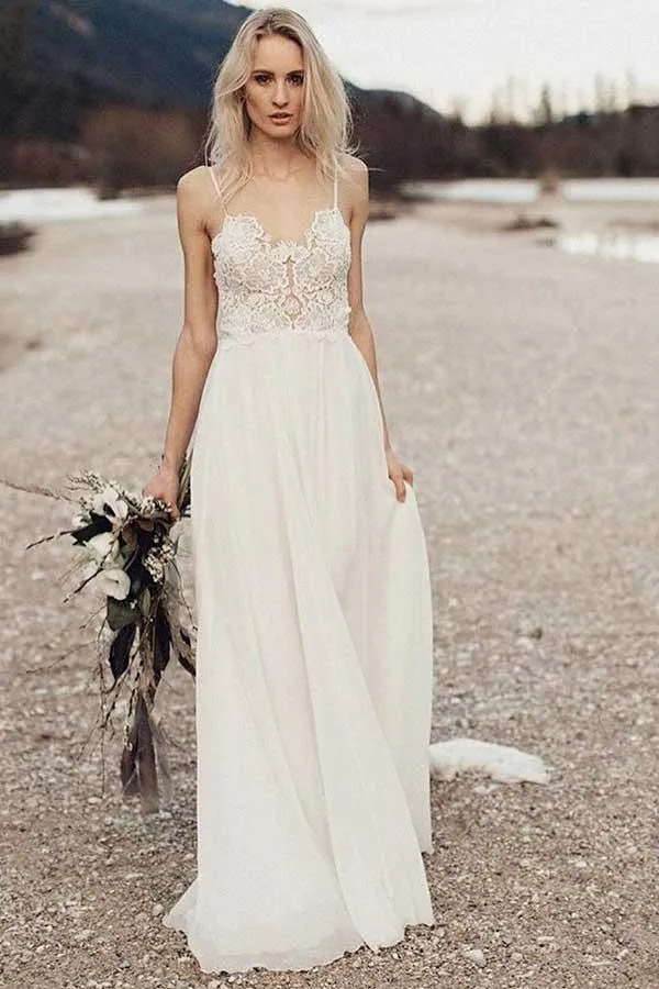 Anneprom A-Line Spaghetti Straps Long Chiffon Wedding Dress With Lace APW0205