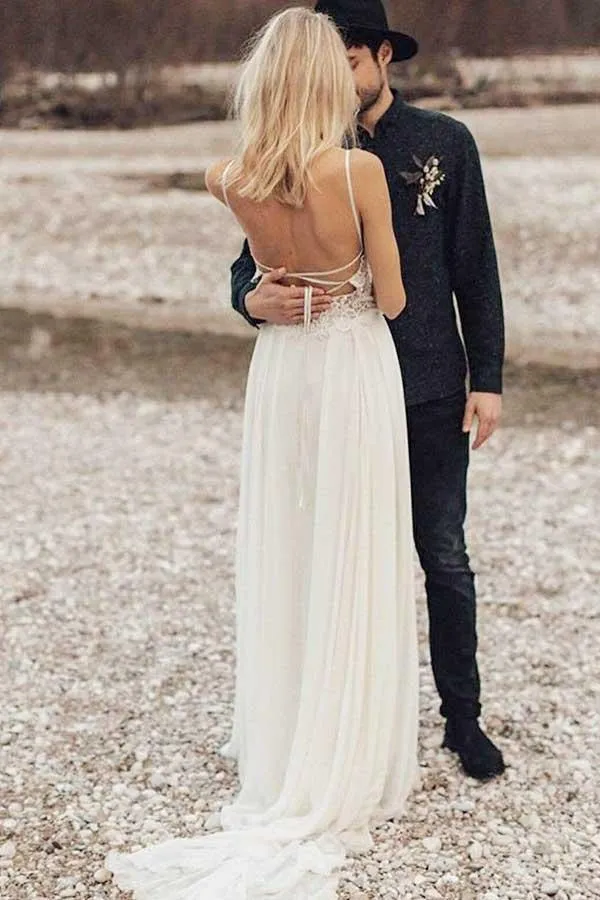 Anneprom A-Line Spaghetti Straps Long Chiffon Wedding Dress With Lace APW0205