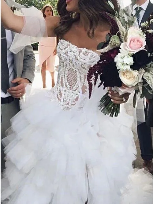 Anneprom A-Line V-Neck Backless Sweep Train Tulle Sexy Wedding Dress with Pearls APW0321