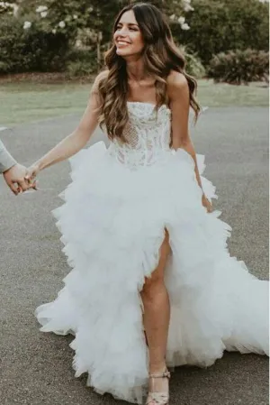 Anneprom A-Line V-Neck Backless Sweep Train Tulle Sexy Wedding Dress with Pearls APW0321