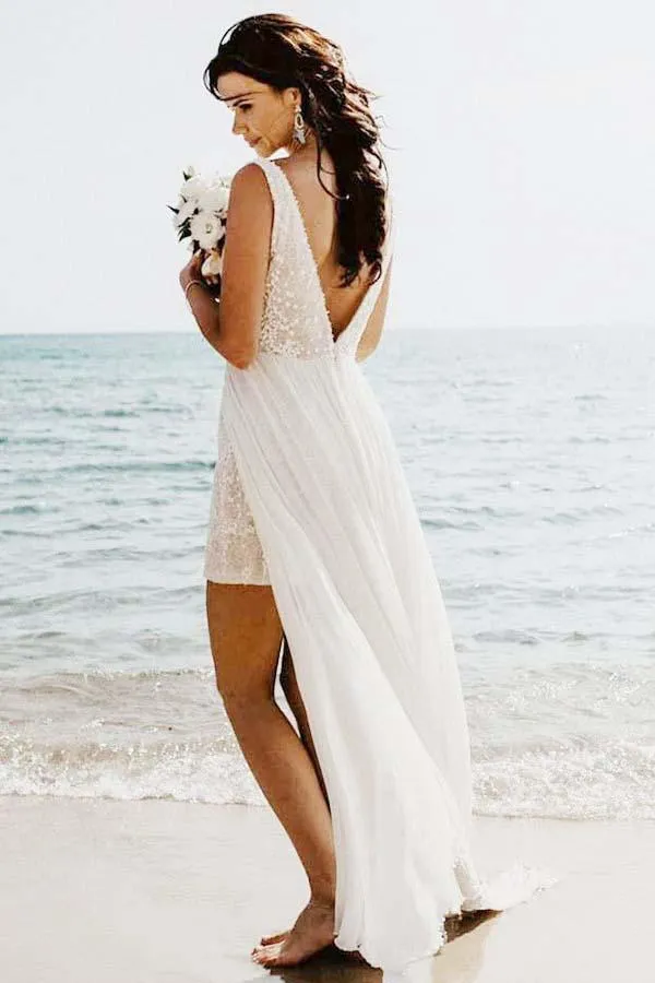 Anneprom A-Line V-Neck Detachable Train Long Beach Wedding/Bridal Dress APW0139