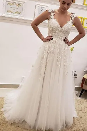 Anneprom A Line V Neck Ivory Lace Fairy Long Wedding Dresses With Appliques APW0066