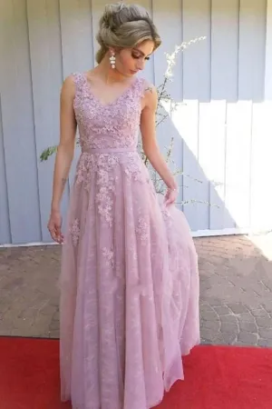 Anneprom A Line V Neck Open Back Pink Lace Long Prom Evening Dress APP0512