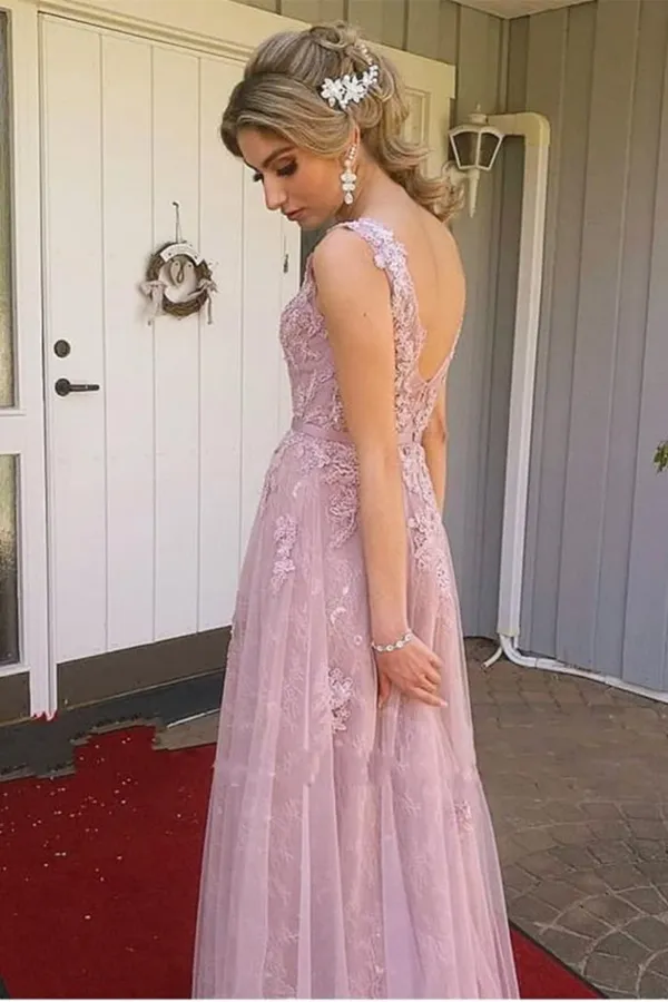 Anneprom A Line V Neck Open Back Pink Lace Long Prom Evening Dress APP0512