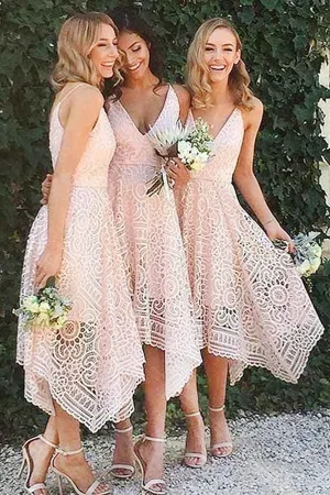 Anneprom A-Line V-Neck Pearl Pink Lace Bridesmaid/Prom/Homecoming Dress APB0089