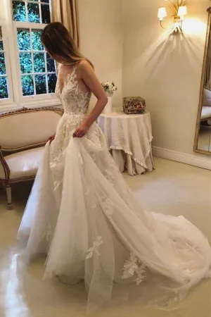 Anneprom A-Line Vintage Rustic Wedding Dresses V Neck Beaded Lace Bridal Gown APW0160