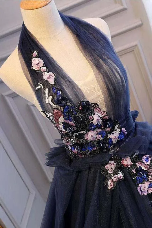 Anneprom Ball Gown Blue Tulle Lace Long Prom Dresses Deep V Neck Backless Evening Dresses APP0397