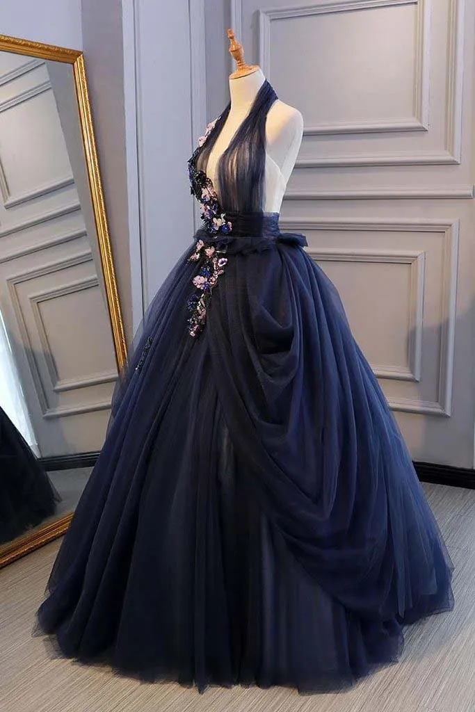Anneprom Ball Gown Blue Tulle Lace Long Prom Dresses Deep V Neck Backless Evening Dresses APP0397