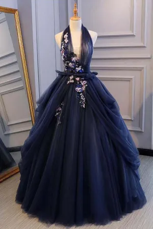 Anneprom Ball Gown Blue Tulle Lace Long Prom Dresses Deep V Neck Backless Evening Dresses APP0397