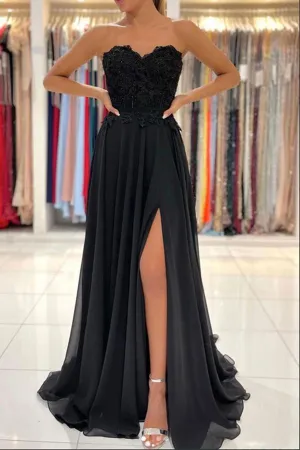 Anneprom Black Chiffon Lace A line Sweetheart Prom Dresses, Long Formal Dress APP0620