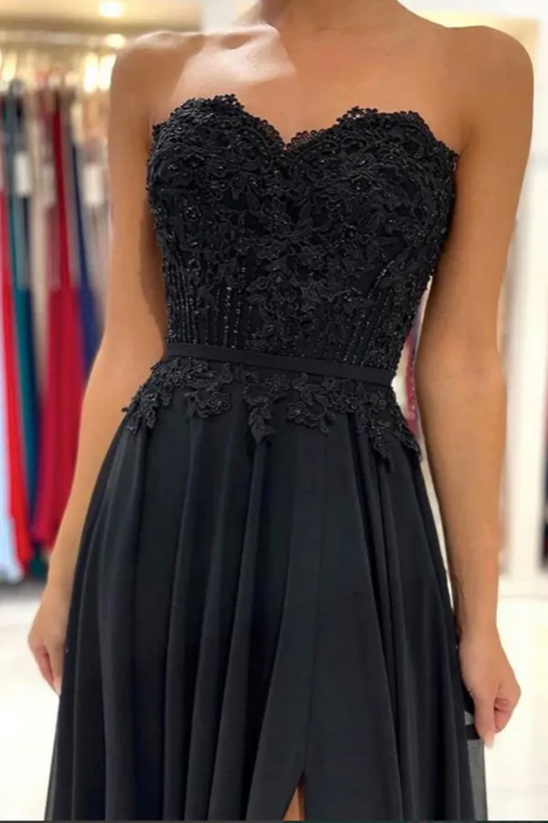 Anneprom Black Chiffon Lace A line Sweetheart Prom Dresses, Long Formal Dress APP0620