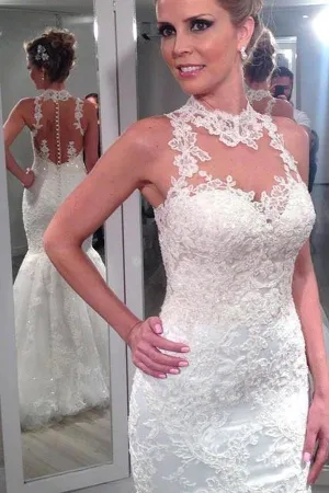 Anneprom Charming High Neck Sleeveless Lace Mermaid Tulle Wedding Dresses APW0040