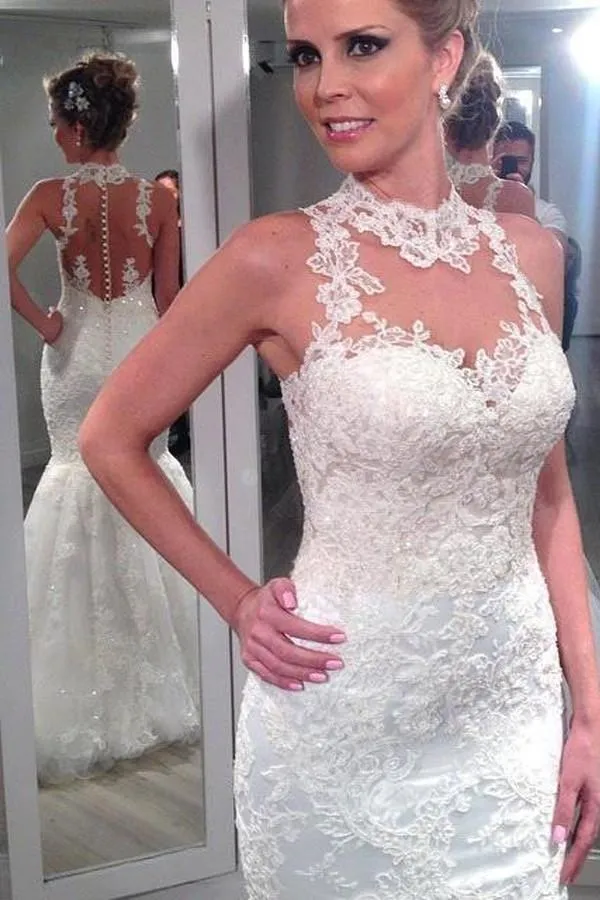 Anneprom Charming High Neck Sleeveless Lace Mermaid Tulle Wedding Dresses APW0040