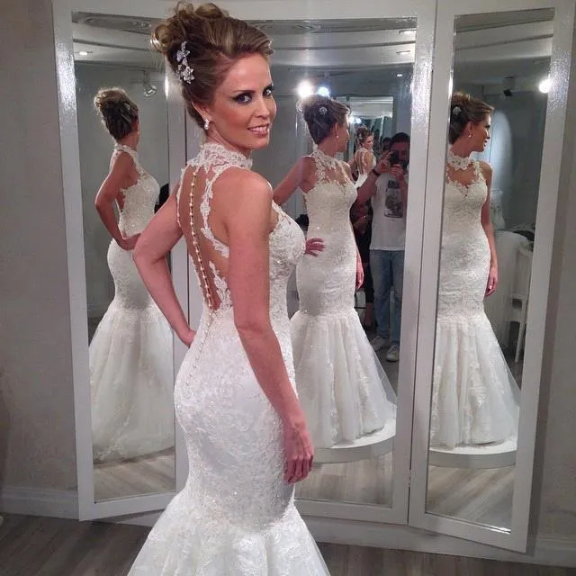 Anneprom Charming High Neck Sleeveless Lace Mermaid Tulle Wedding Dresses APW0040
