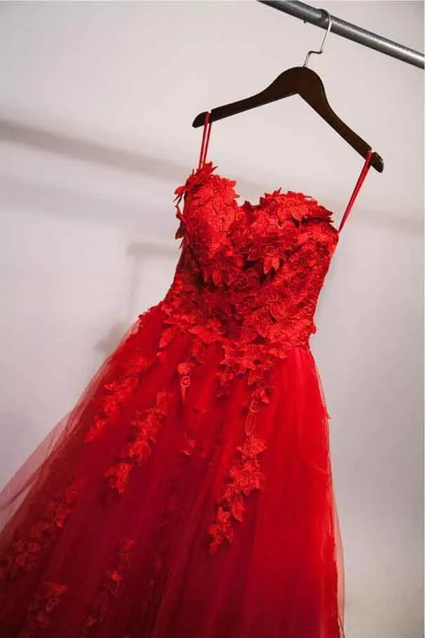Anneprom Charming Red Sweetheart Strapless Ball Gown Applique Tulle Long Prom Dress APP0341