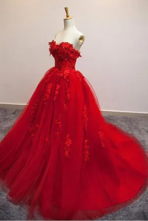 Anneprom Charming Red Sweetheart Strapless Ball Gown Applique Tulle Long Prom Dress APP0341